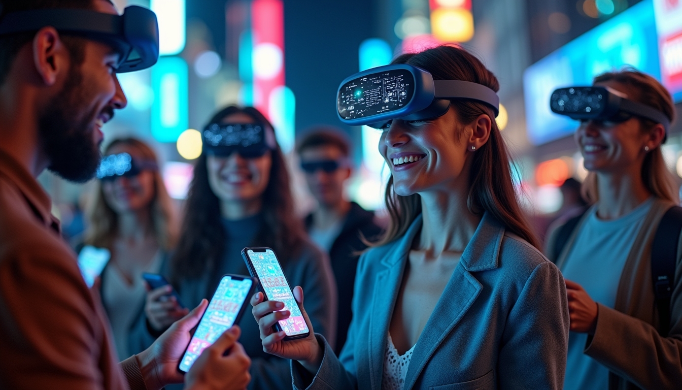 소셜 미디어에서 증강 현실의 AI 렌즈 기술을 시각적으로 표현한 이미지