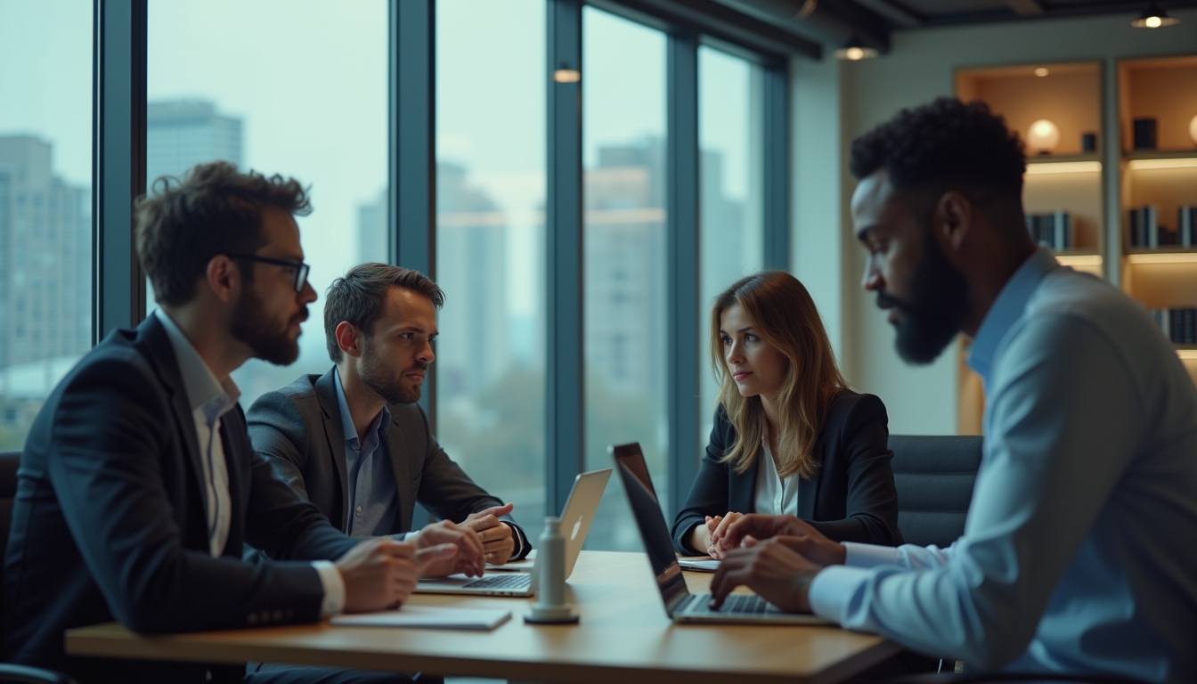 비즈니스 환경에서 협업하는 AI 에이전트의 개념적 이미지