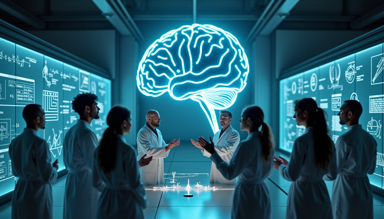 양자역학과 인공지능 기술의 교차점을 시각적으로 나타낸 이미지