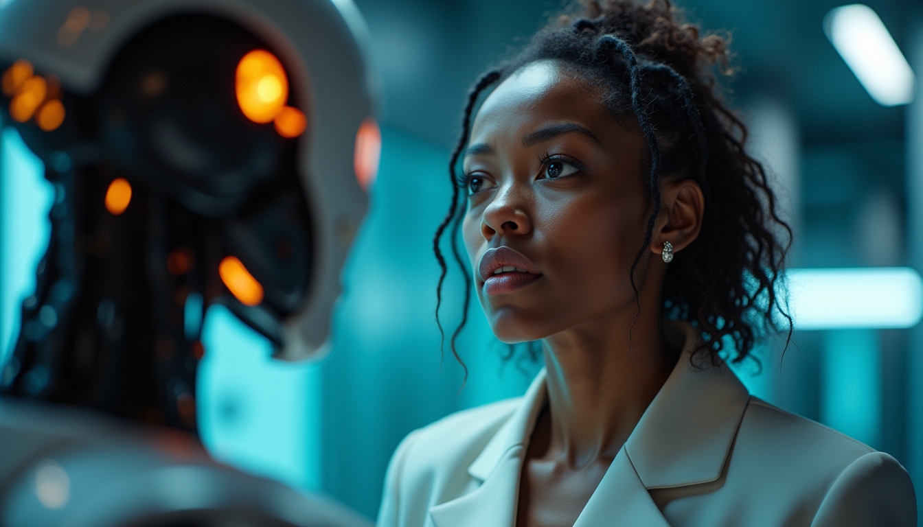 미래 지향적 설정에서 인간과 첨단 인공지능 기술이 상호작용하는 삽화.