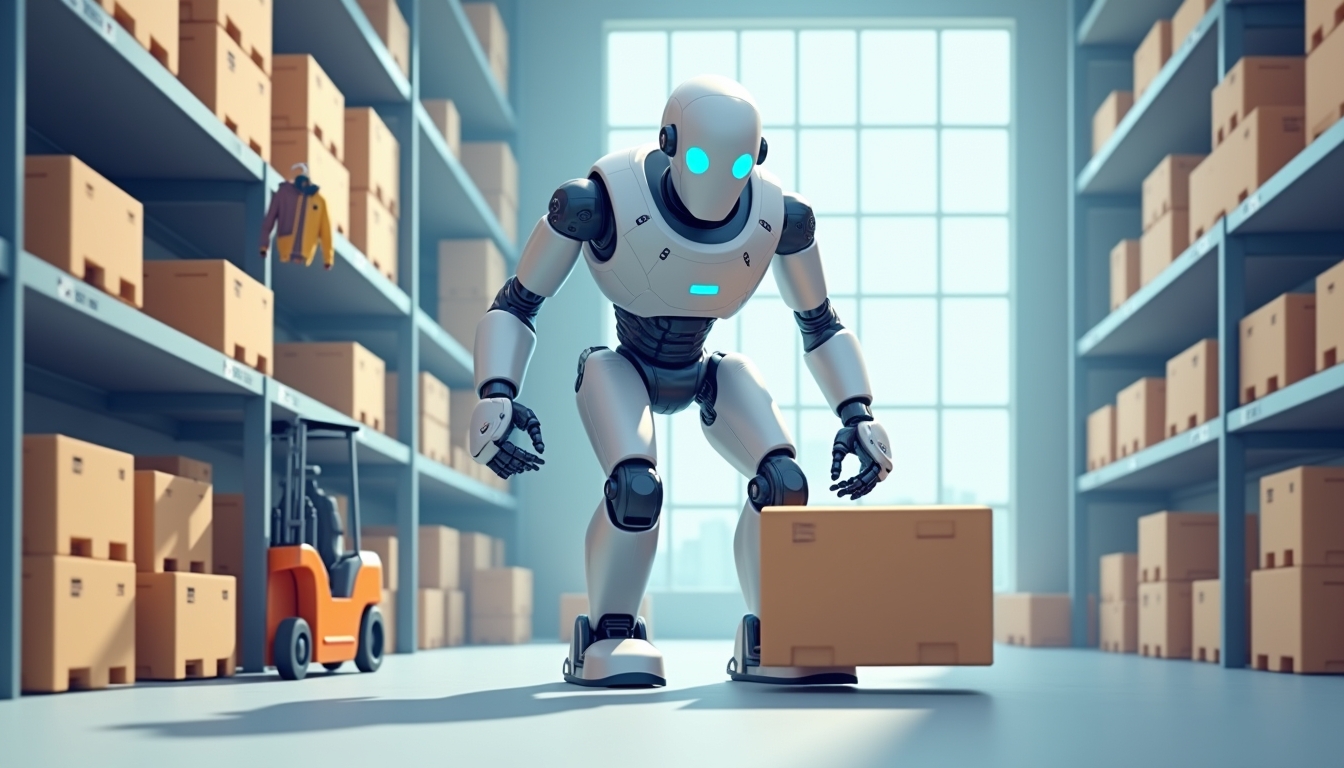 창고 환경에서 작업 중인 인간형 로봇