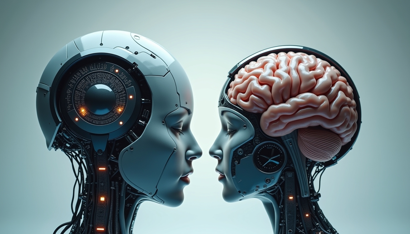 인공지능과 인간 지능 비교를 상징하는 AI와 인간 뇌