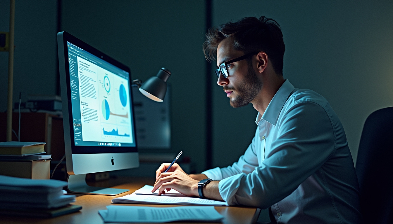 법률 전문가가 책상에서 기술을 사용하여 AI 법률을 분석하는 모습