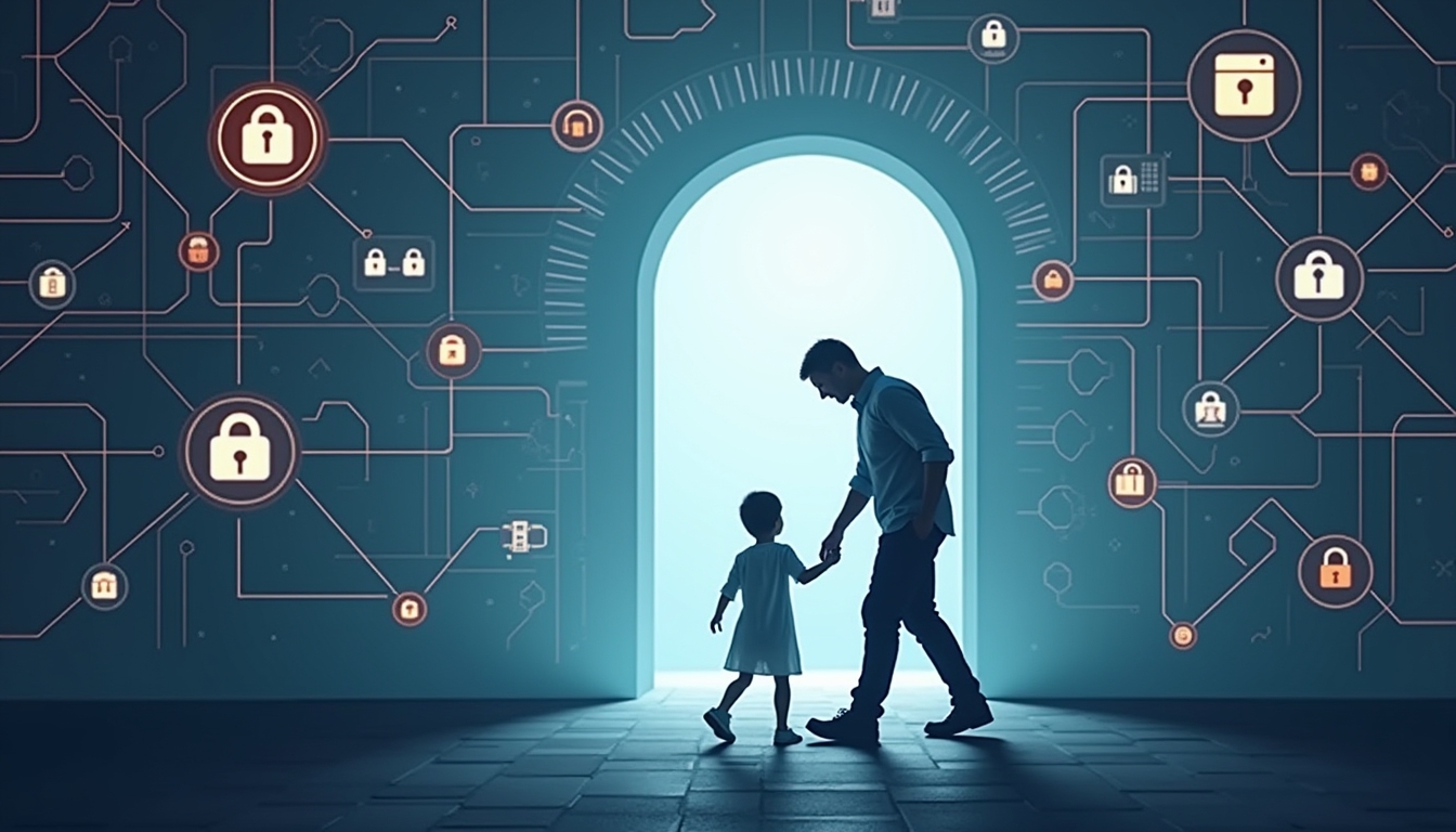 AI 기술의 윤리적 상징과 아동 안전 아이콘의 시각적 표현.
