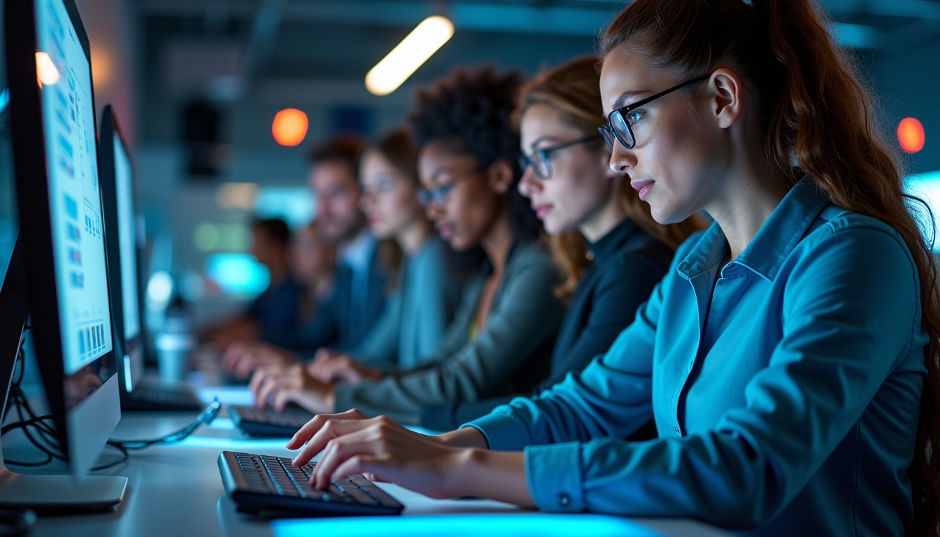 기술 환경에서 AI 프로젝트에 협력하는 다양한 팀원들