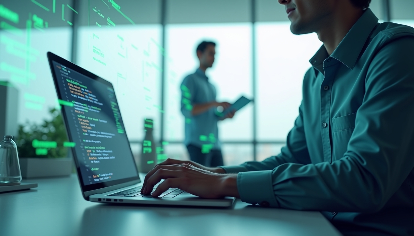 현대적인 작업 공간에서 AI와 함께 코드 생성을 협력하는 개발자.