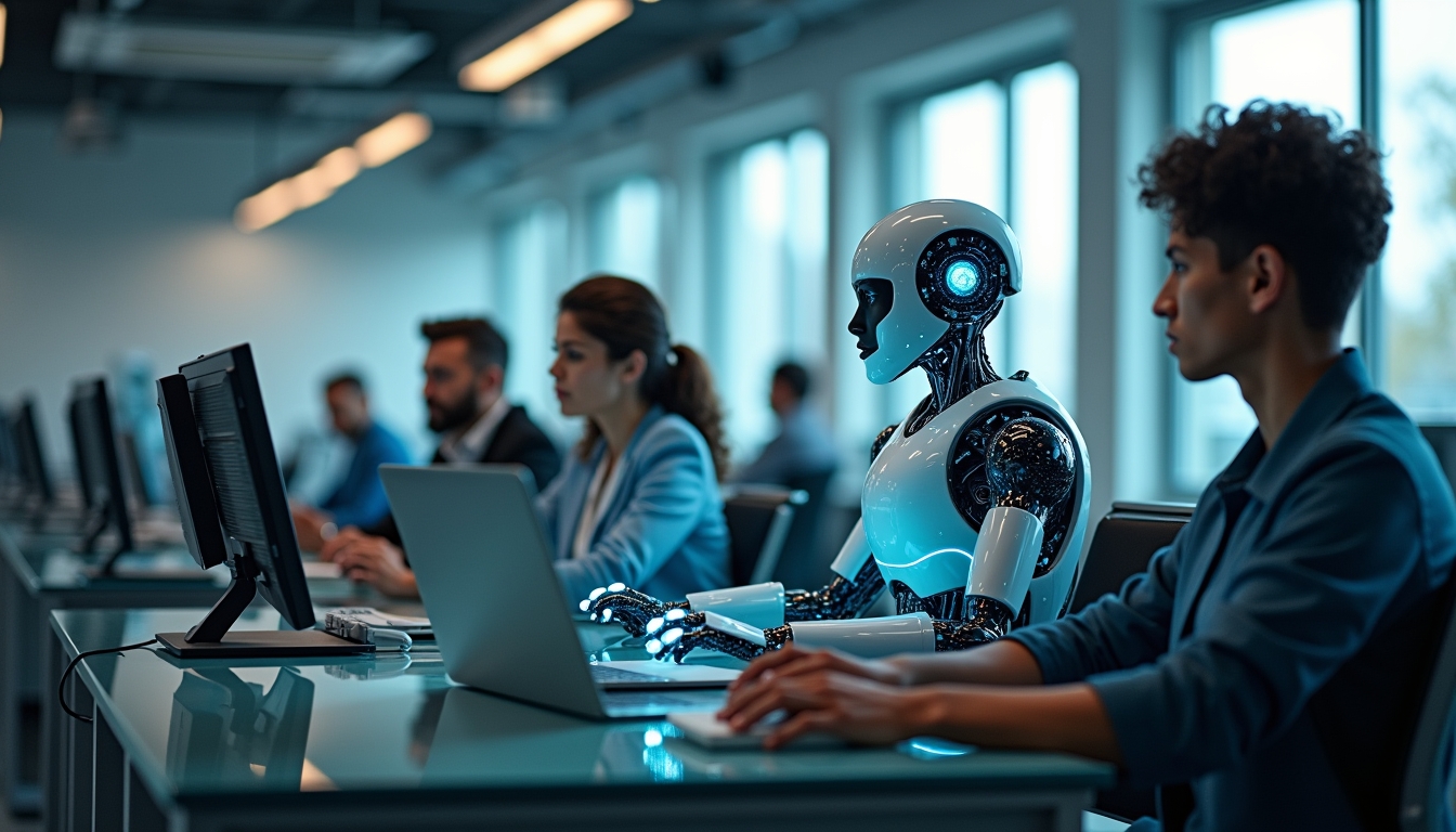사무실에서 인간 직원과 협력하는 AI 에이전트
