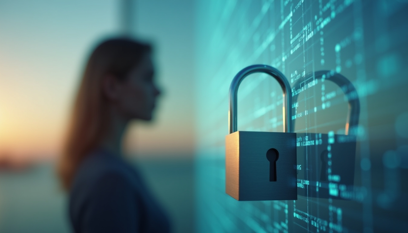 AI 기술에서 데이터 프라이버시를 상징하는 디지털 자물쇠