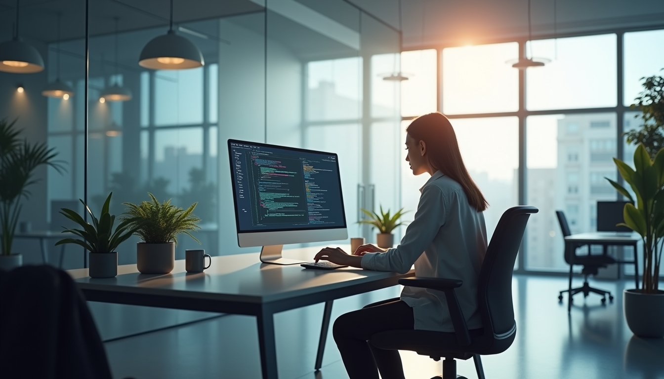 현대의 작업 공간에서 자동화를 통해 생산성을 향상시키는 에이전틱 AI 도구의 삽화.