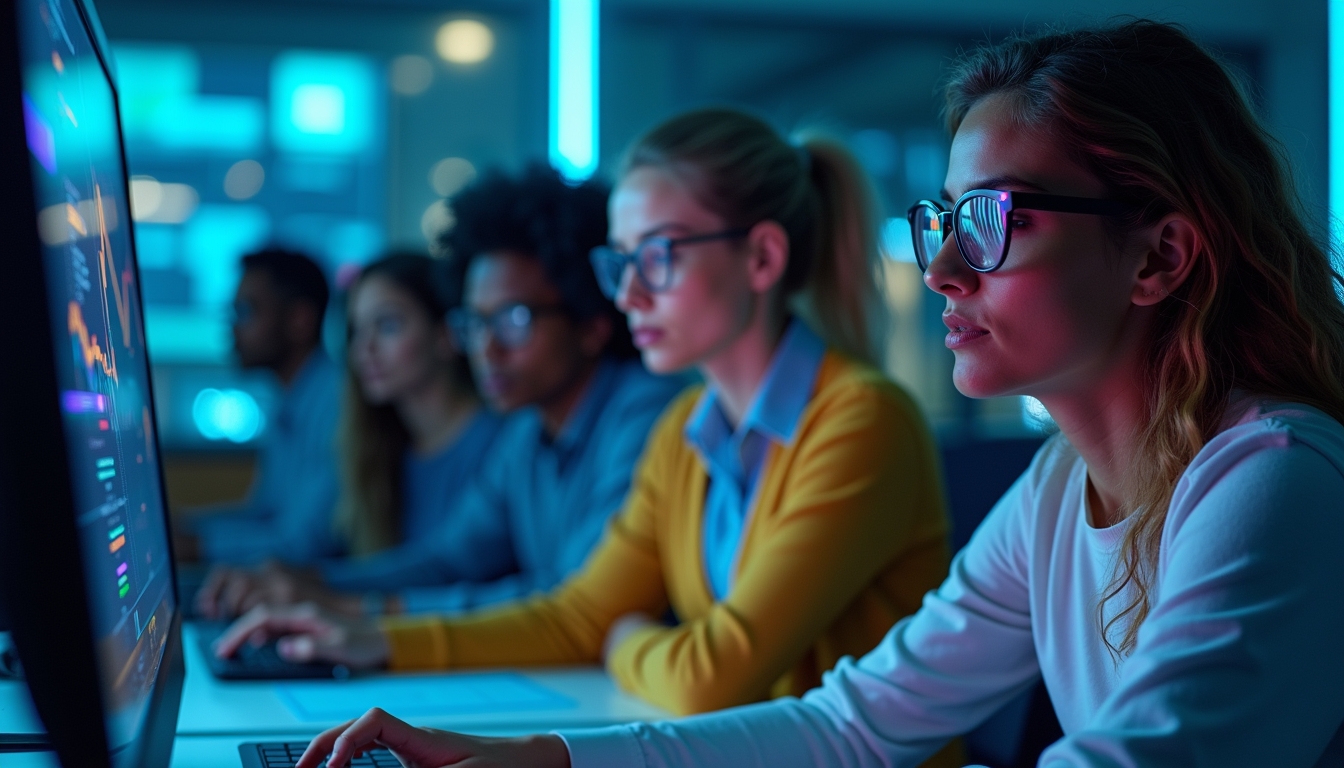 다양한 금융 학생들이 교실에서 AI 기술을 배우고 있는 모습