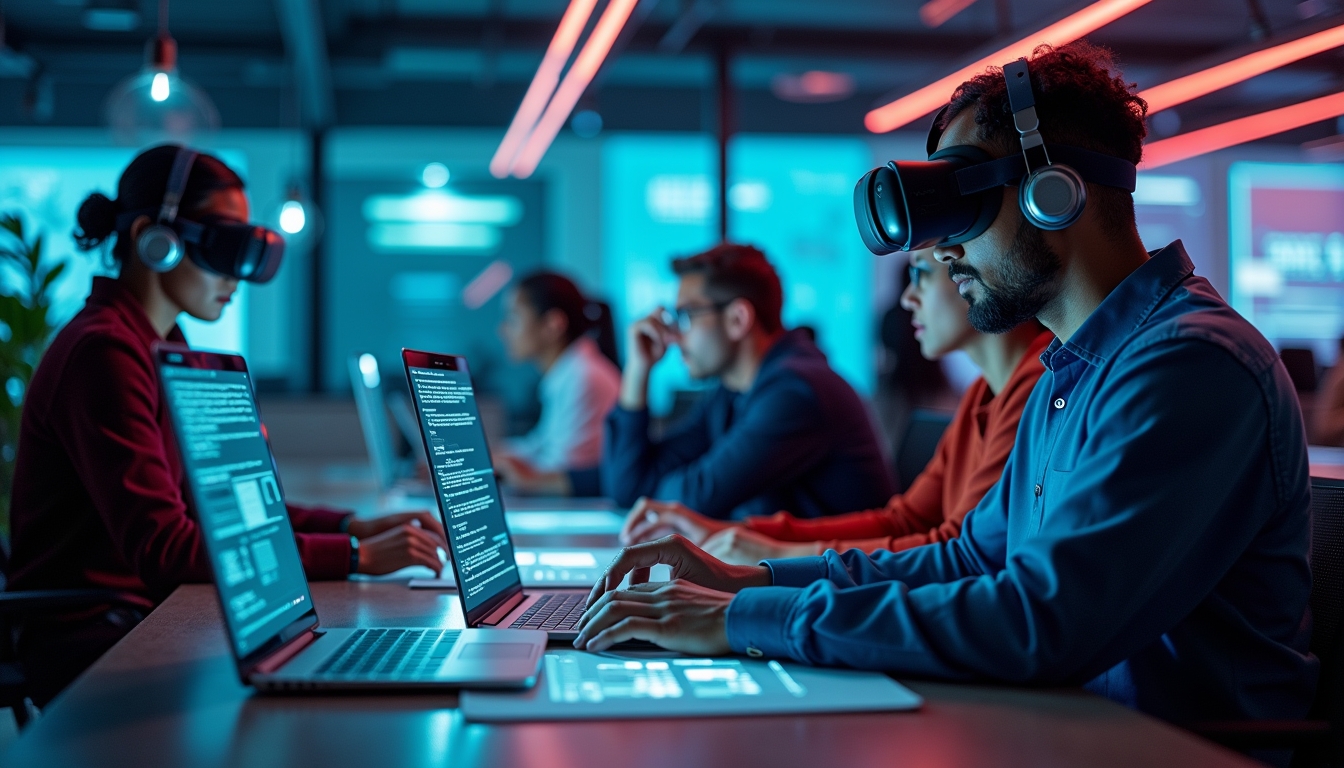 다양한 전문가들이 사무실에서 AI 전략을 논의하고 있는 모습.