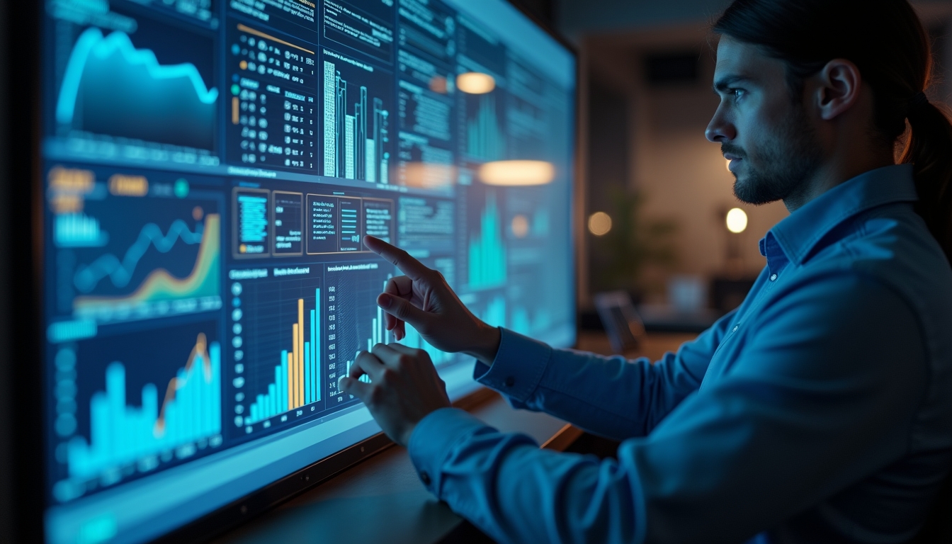 디지털 화면에서 AI 투자 데이터를 평가하는 비즈니스 애널리스트