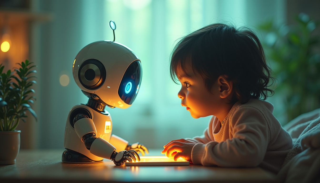 어린이와 대화를 나누고 있는 채팅봇의 일러스트레이션