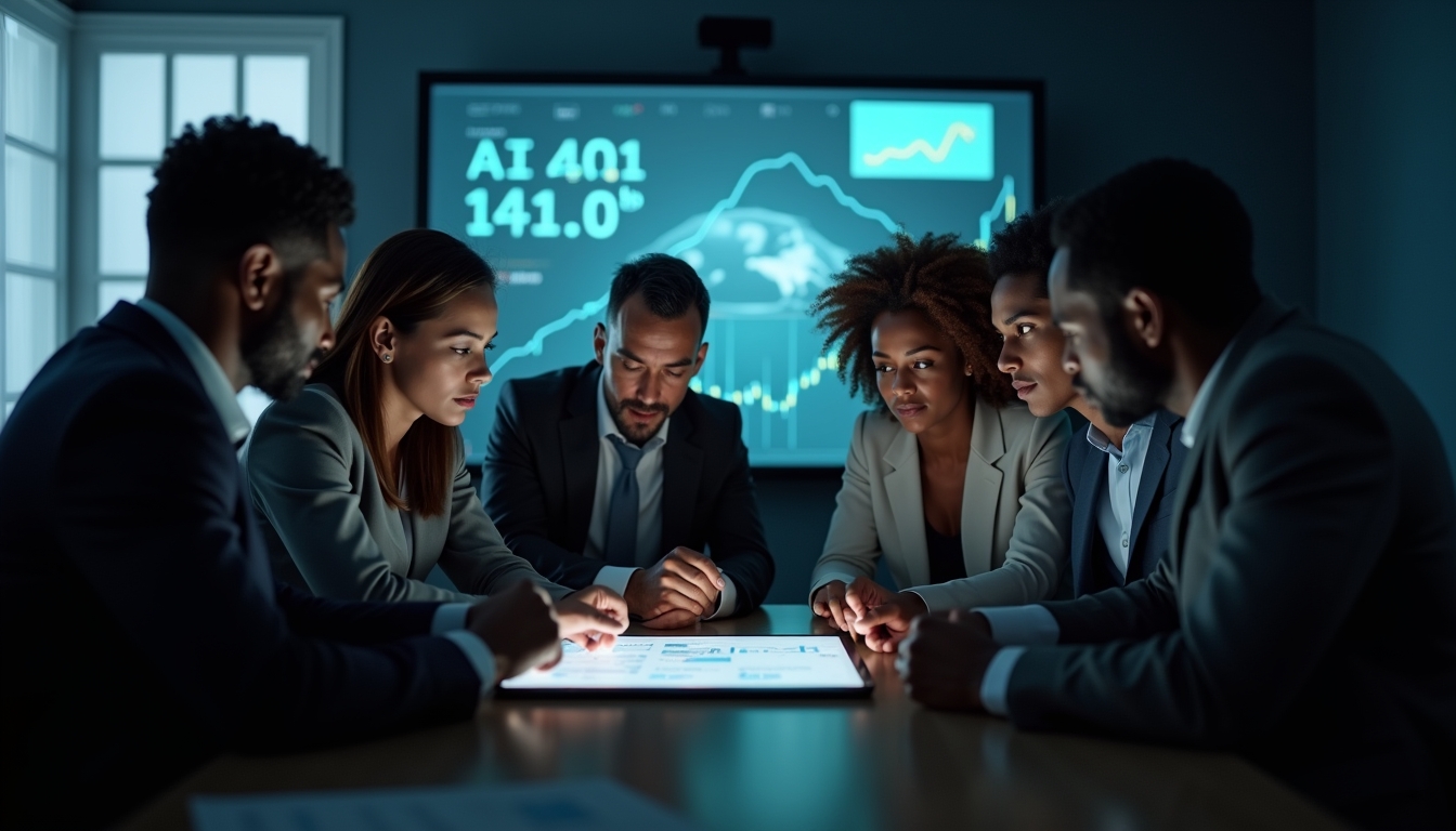 디지털 태블릿을 통해 AI 투자 전략을 논의하는 전문가들